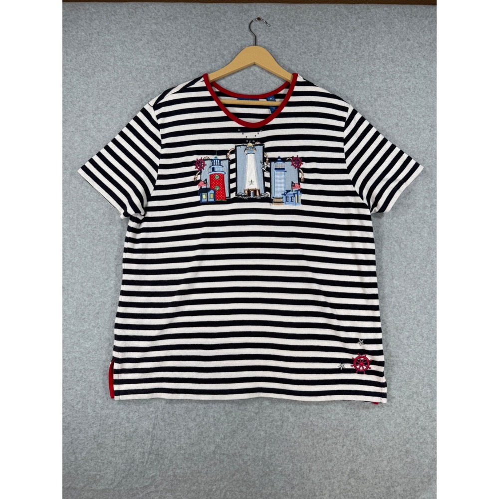 Alfred Dunner XL Top Nautical Lighthouse Striped Cotton Knit Sequin Detail